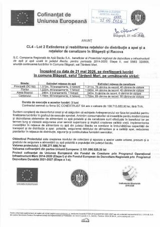 ANUNȚ CL4 - Lot 2 Extinderea și reabilitarea rețelelor de distribuție a apei și a rețelelor de canalizare în Blăgești și Racova